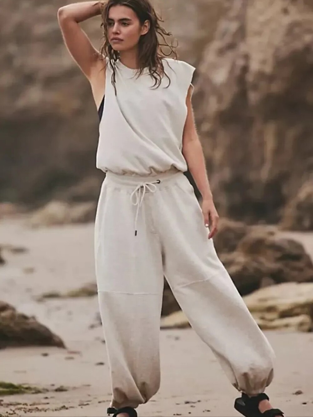 FREE PEOPLE Sleeveless Cream Drawstring Waist Jumpsuit